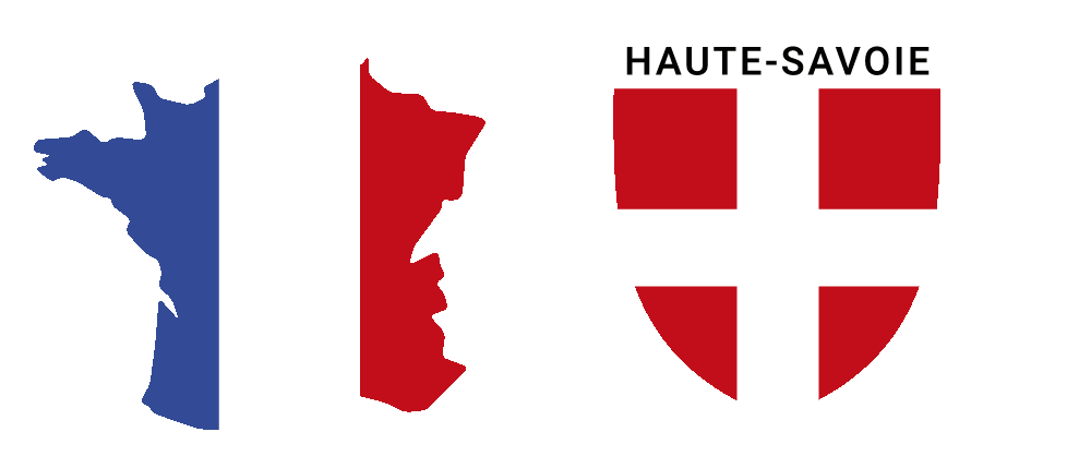 Pictogrammes juxtaposés de la carte de France au couleur du drapeau français et du blason de la Haute-Savoie